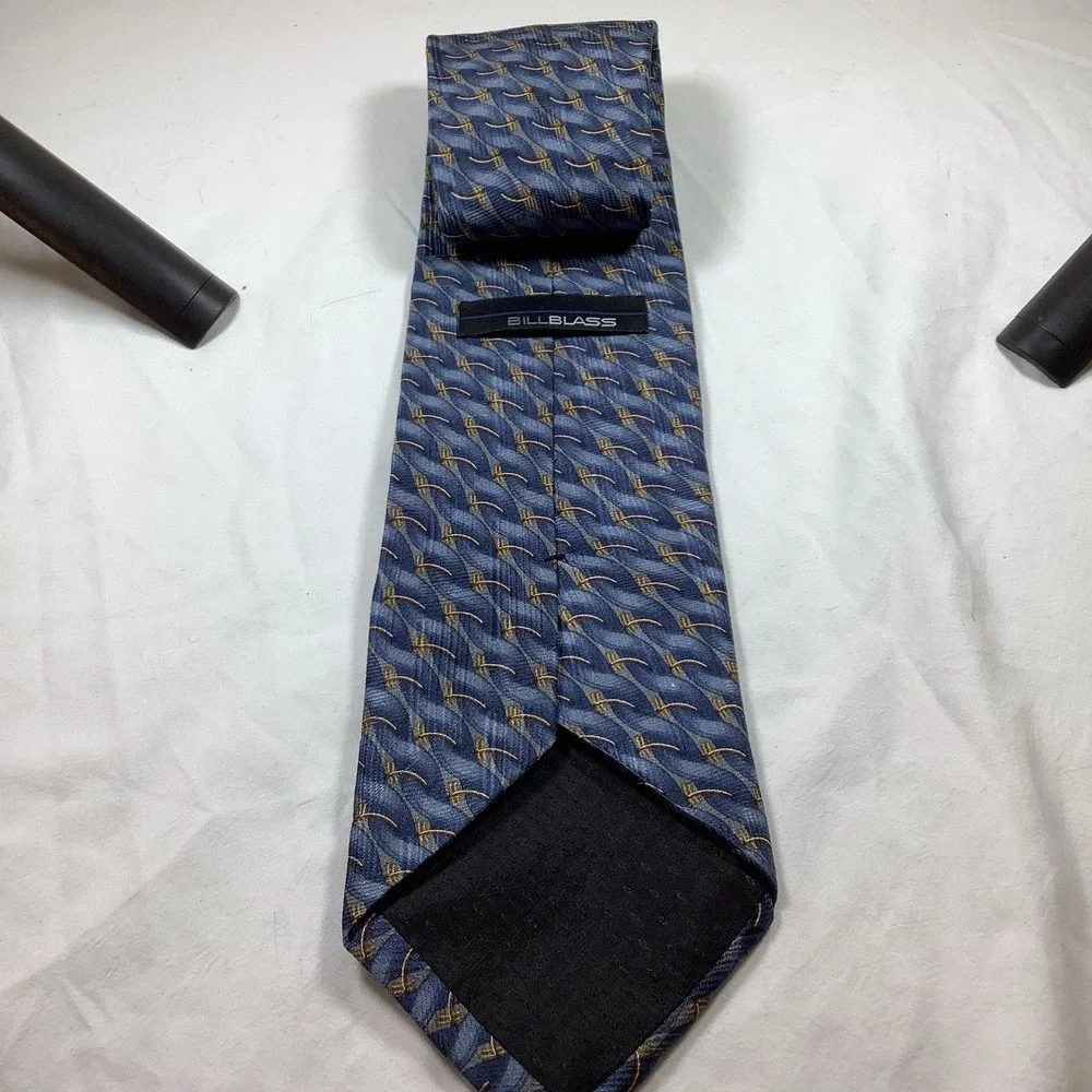 Bill Blass Silk Tie Blue Gold Geometric Abstract Men's Necktie